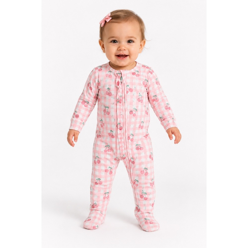 Angel Dear Footie Baby Girls 6-9M Pink Gingham Cherry Print Ruffle Back Bamboo
